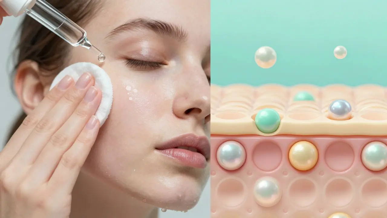 Konceptuální zobrazení působení chemického peelingu na povrchu pleti.