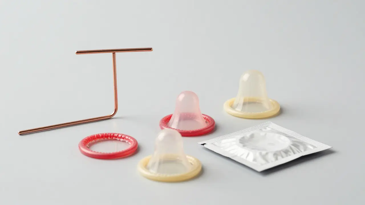 Kupferova spirálka, diafragma a kondomy uspořádané na neutrálním pozadí.
