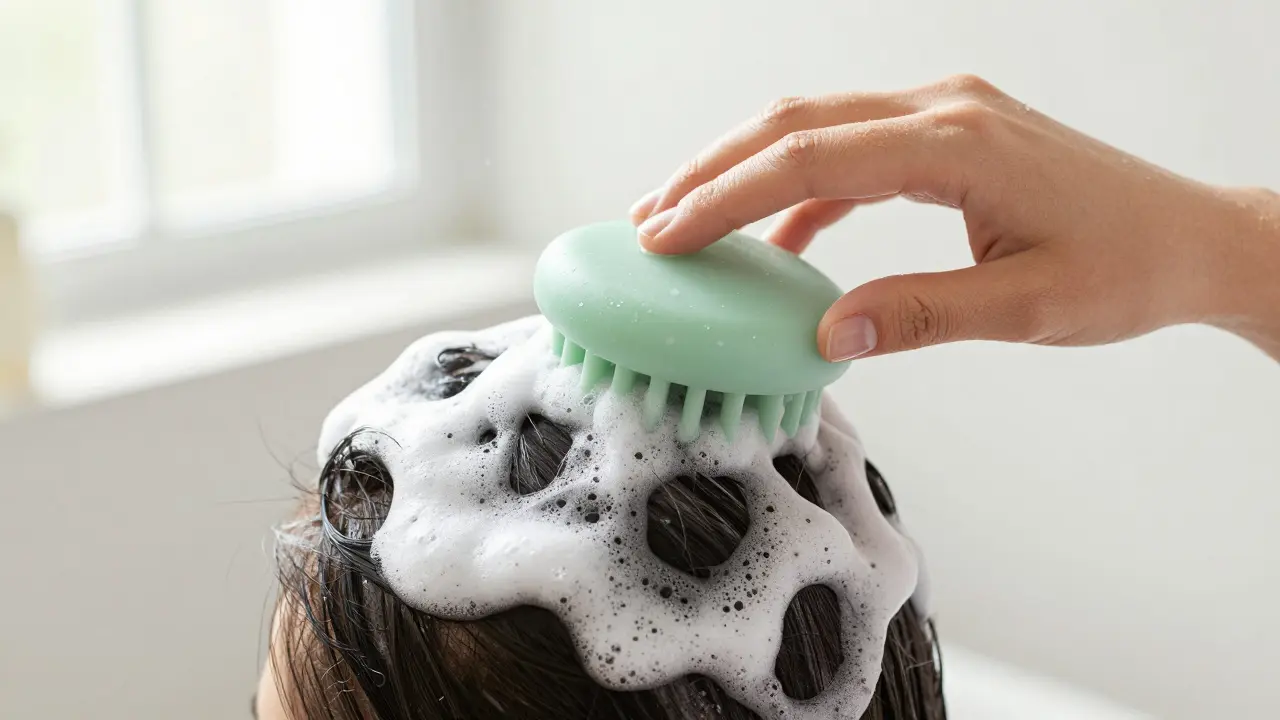 Masáž pokožky hlavy silikonovým kartáčem s bílou pěnou ze šampónu.