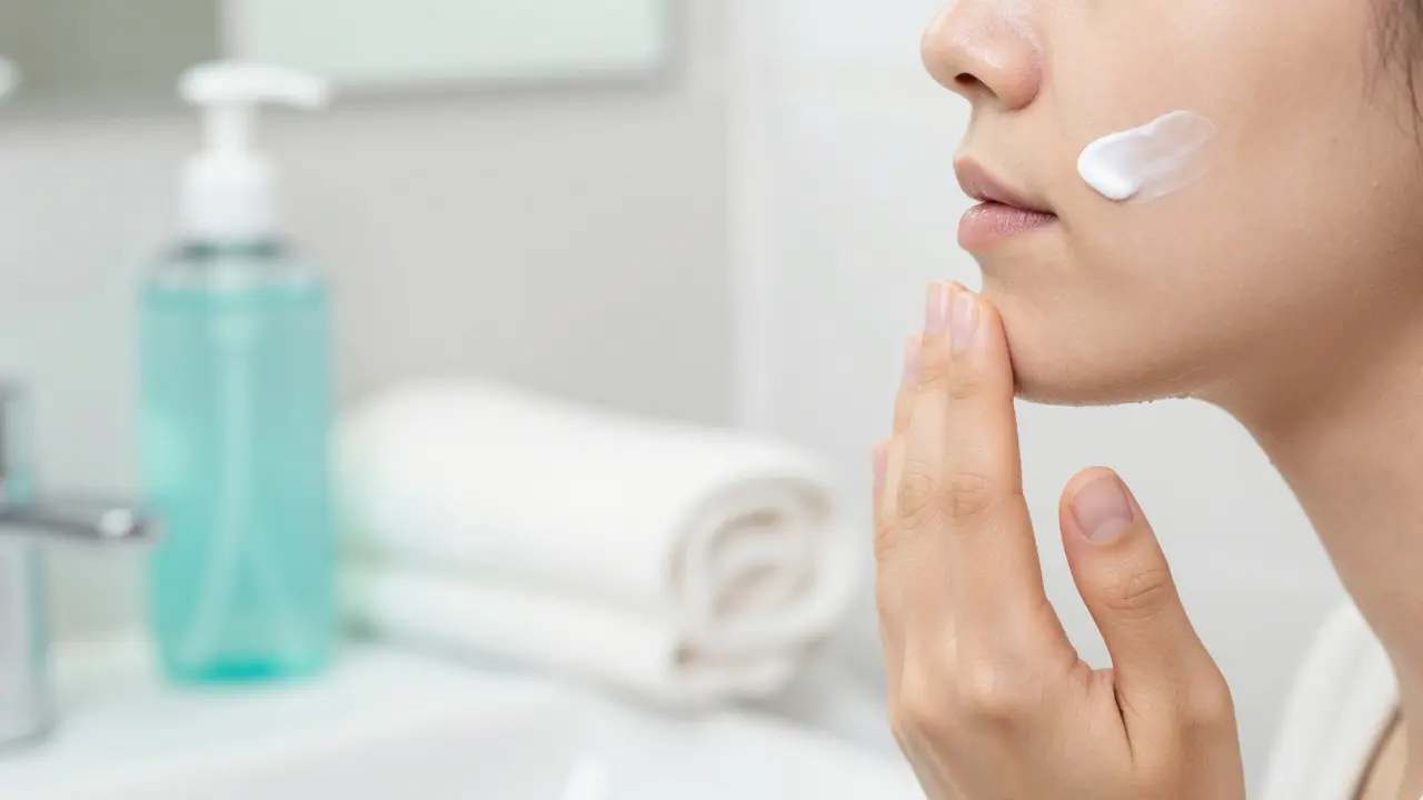 Nanášení opalovacího krému na obličej jako nezbytný krok po peelingu.