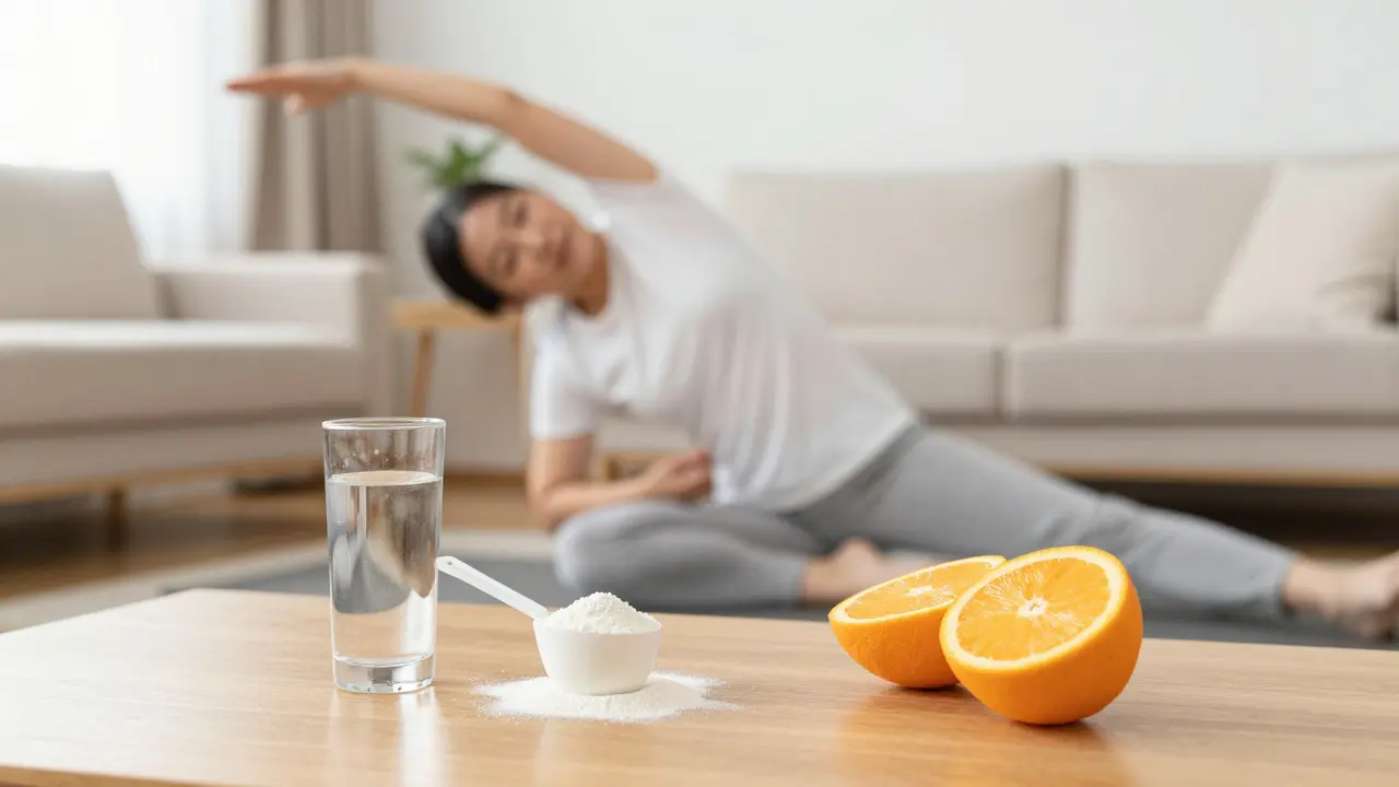 Osoba cvičící jógu v bright roomu s glasses vody a kolagenem na stole.