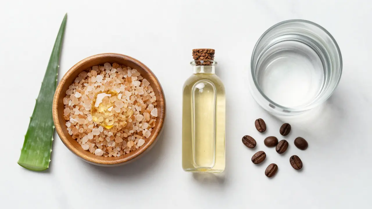 Přírodní ingredience pro čištění vlasů: solný scrub, ocet a kofein.