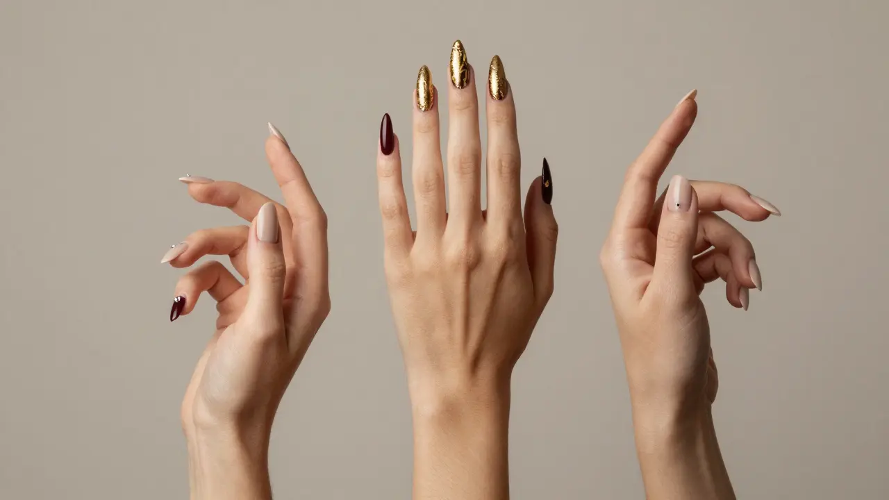 Různé tvary nehtů jako stiletto a coffin s detailním nail artem.