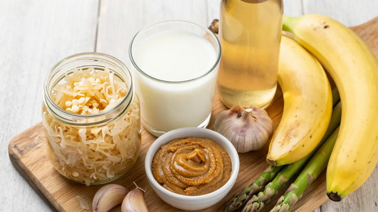 Sada fermentovaných potravin jako kefír, kombucha a kysané zelí.