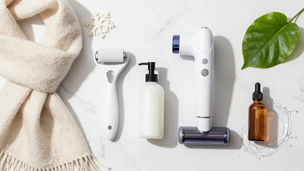 Sada profesionálních přístrojů a domácí kosmetiky s prvky zimního a letního období.