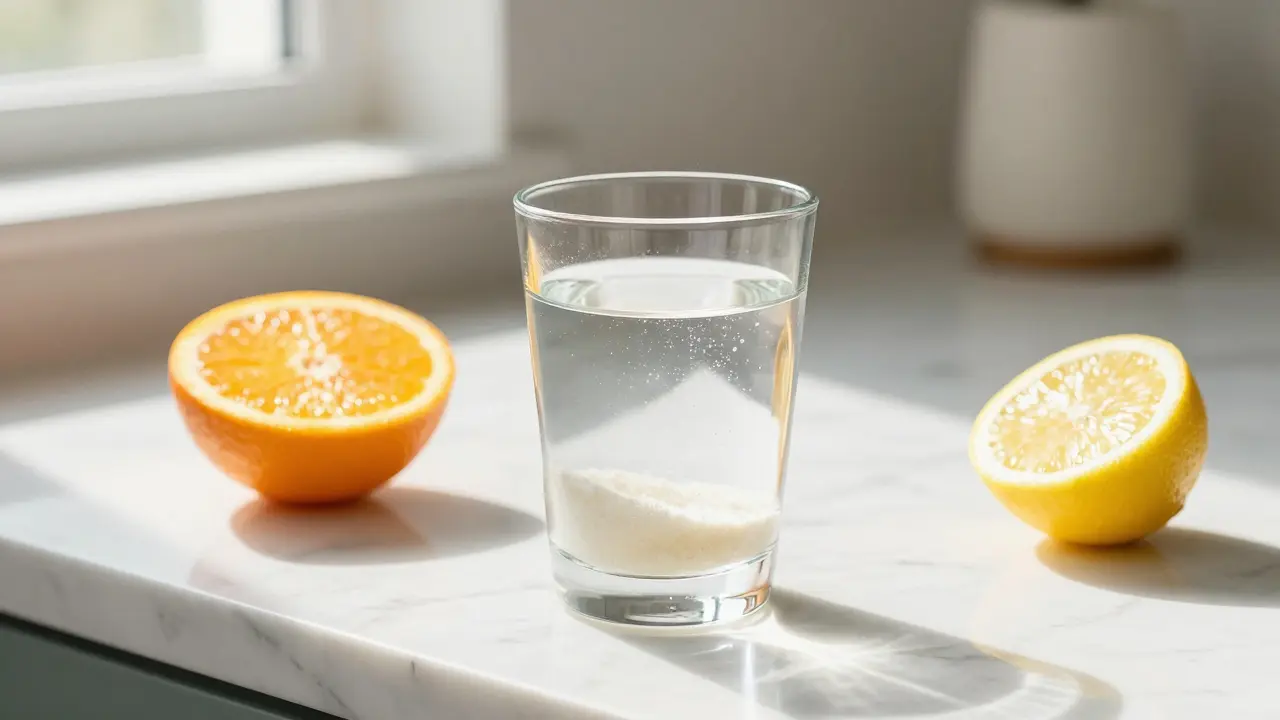 Sklenice s kolagenem a plátky citrusů pro vitamín C.
