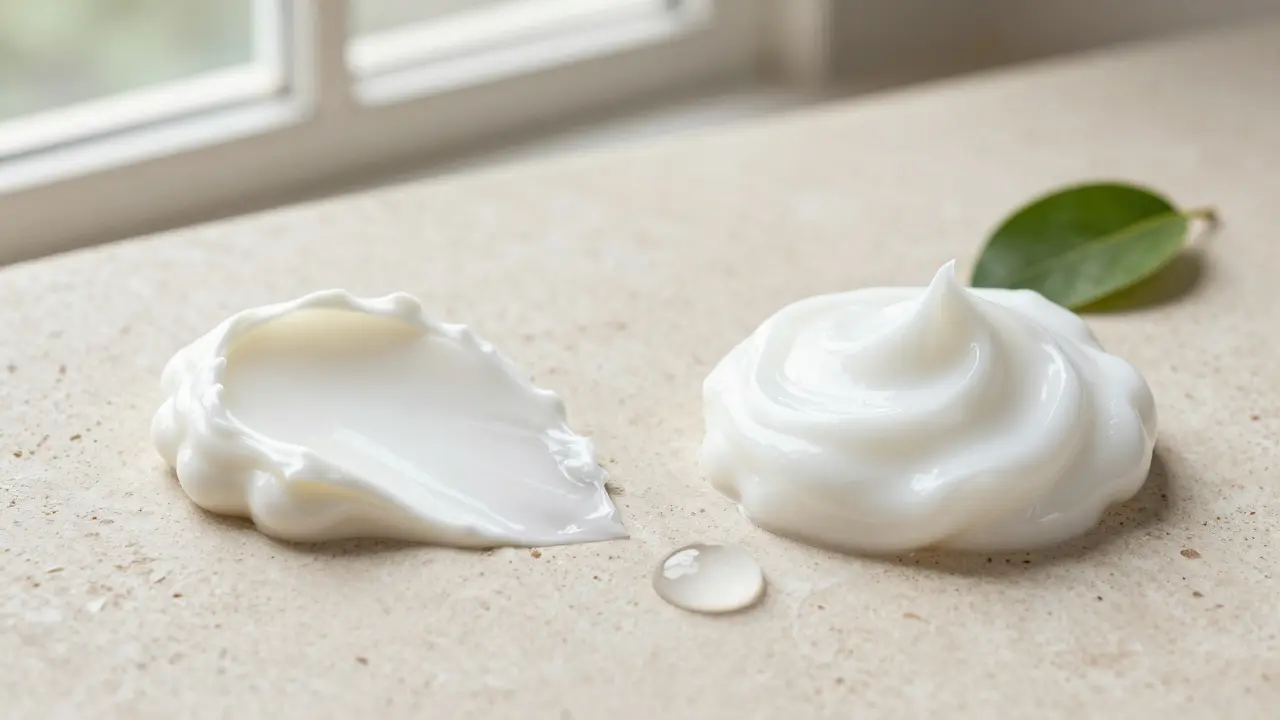 Srovnání husté a lehké konzistence dvou typů hydratačních krémů na kameni.