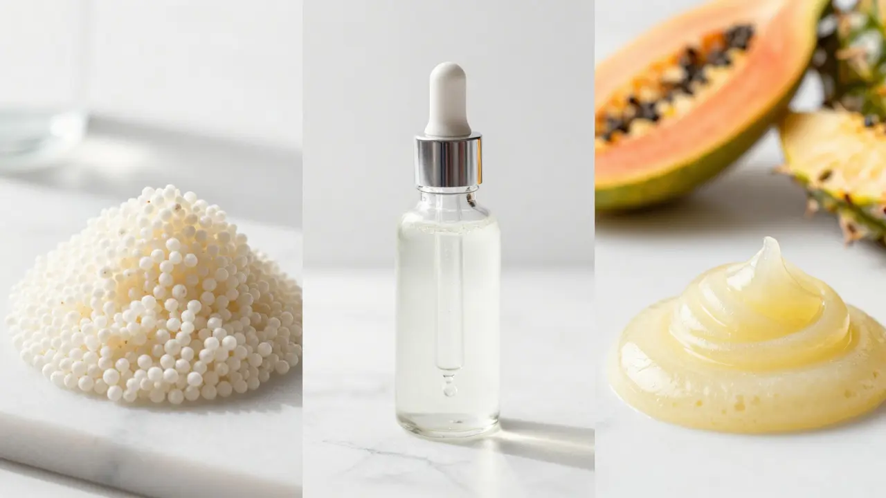 Srovnání mechanického, chemického a enzymatického peelingu na mramorovém podložce.