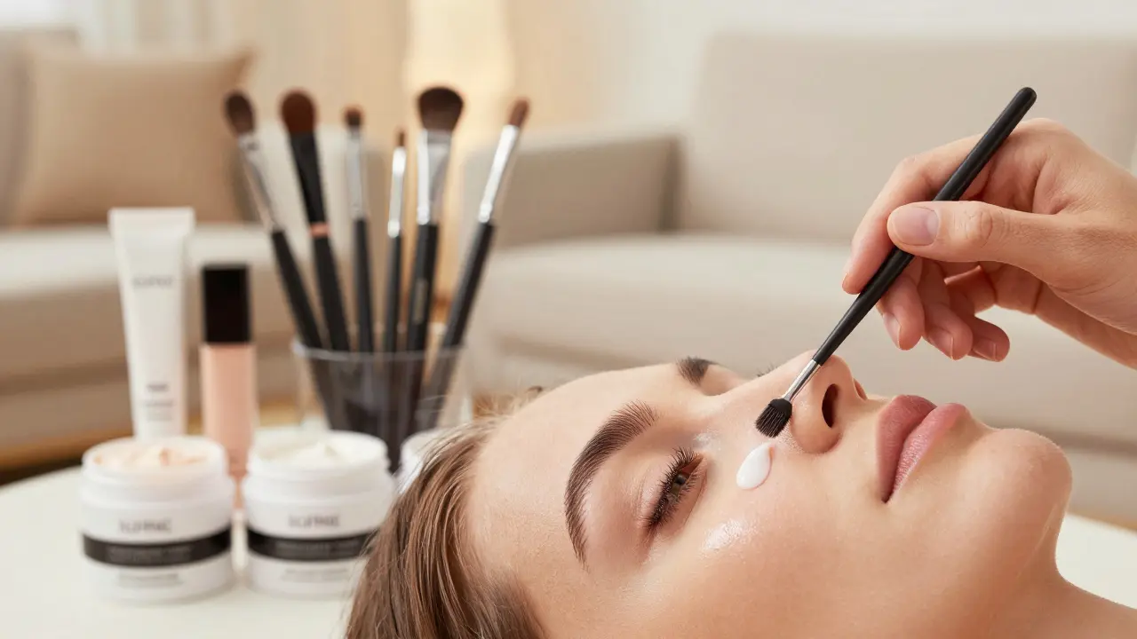 Ukázka demo produktů pro péči o pleť a obočí v moderním interiéru.