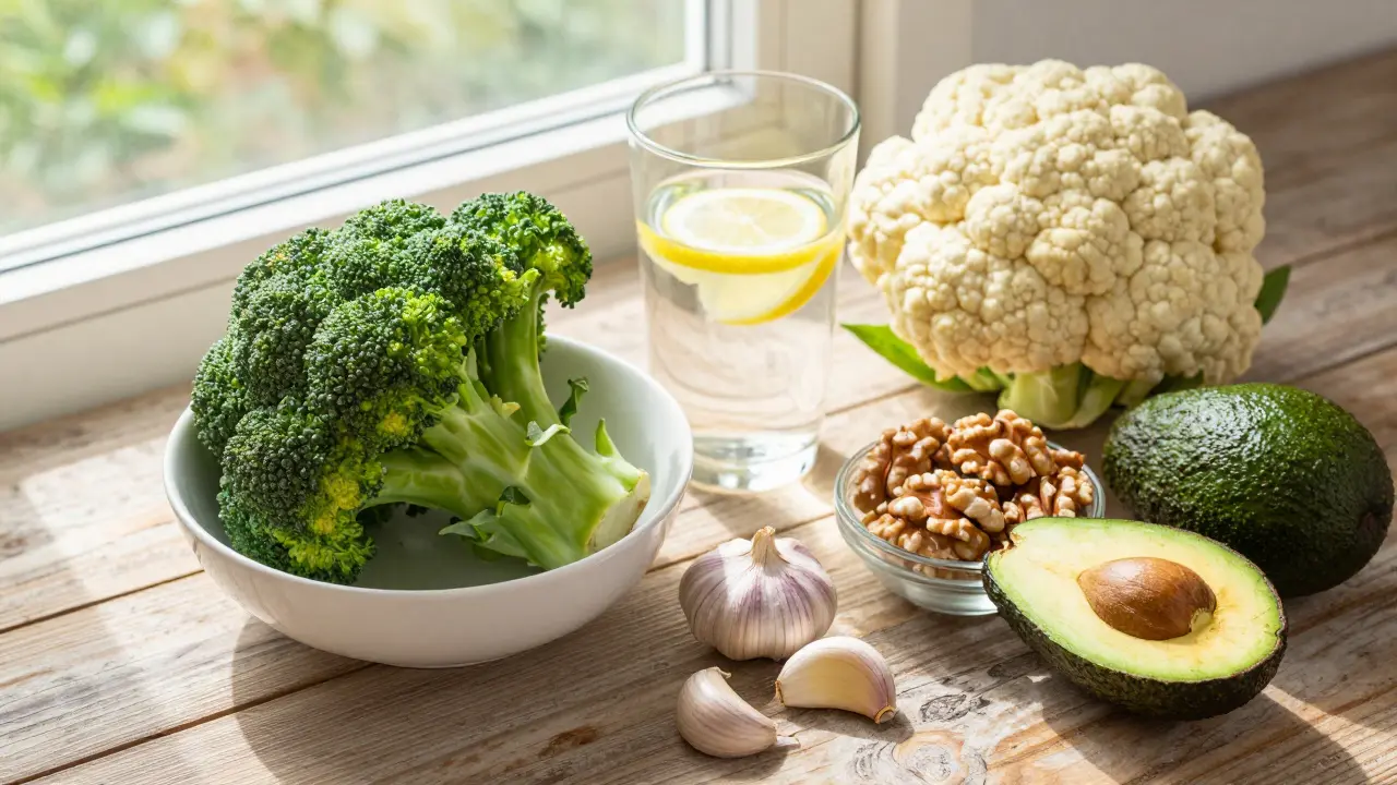 Zdravé potraviny podporující regeneraci jater, jako brokolice a česnek
