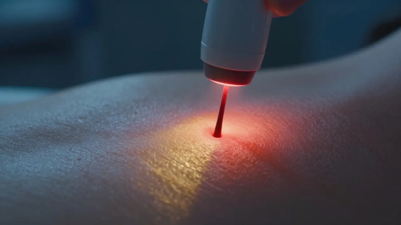 Abstraktní zobrazení laserového paprsku cílícího na vlasový folikul