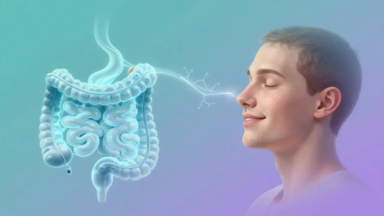 Abstraktní zobrazení spojení střev, mozku a zdravé pleti