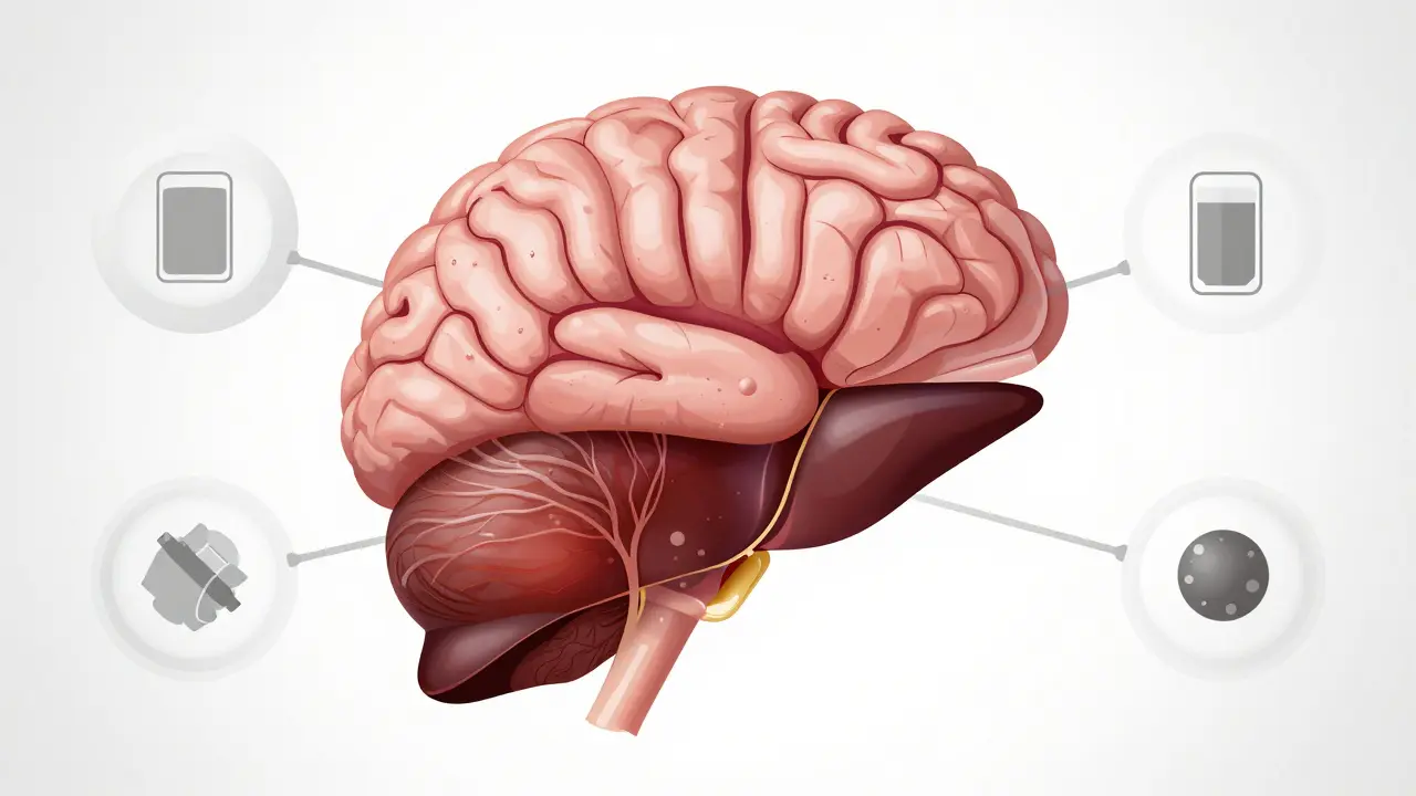 Anatomická ilustrace poškození jater a mozku alkoholem