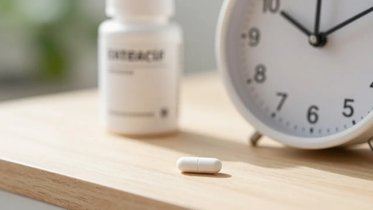 Antibiotikum a probiotikum s hodinami, ilustrující potřebný časový odstup.