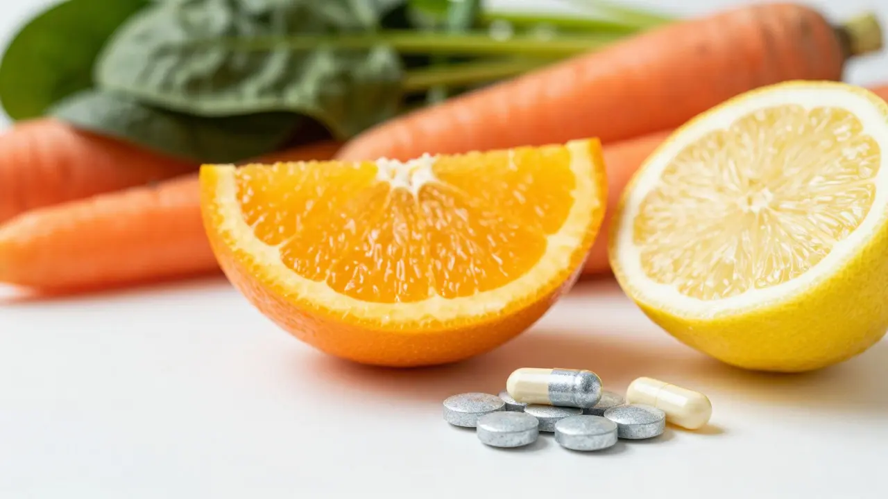 Citrusové ovoce a vitamínové doplňky vedle čerstvé zeleniny