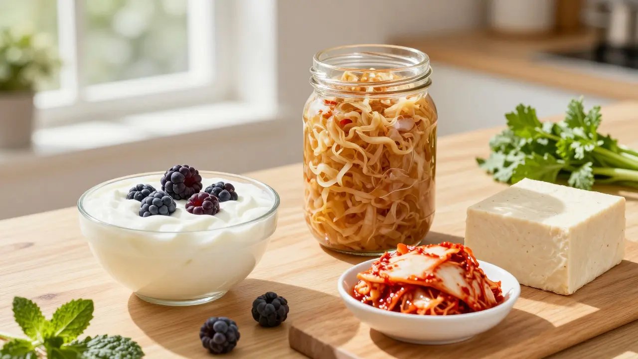 Fermentované potraviny jako jogurt, zelí a kimchi na stole