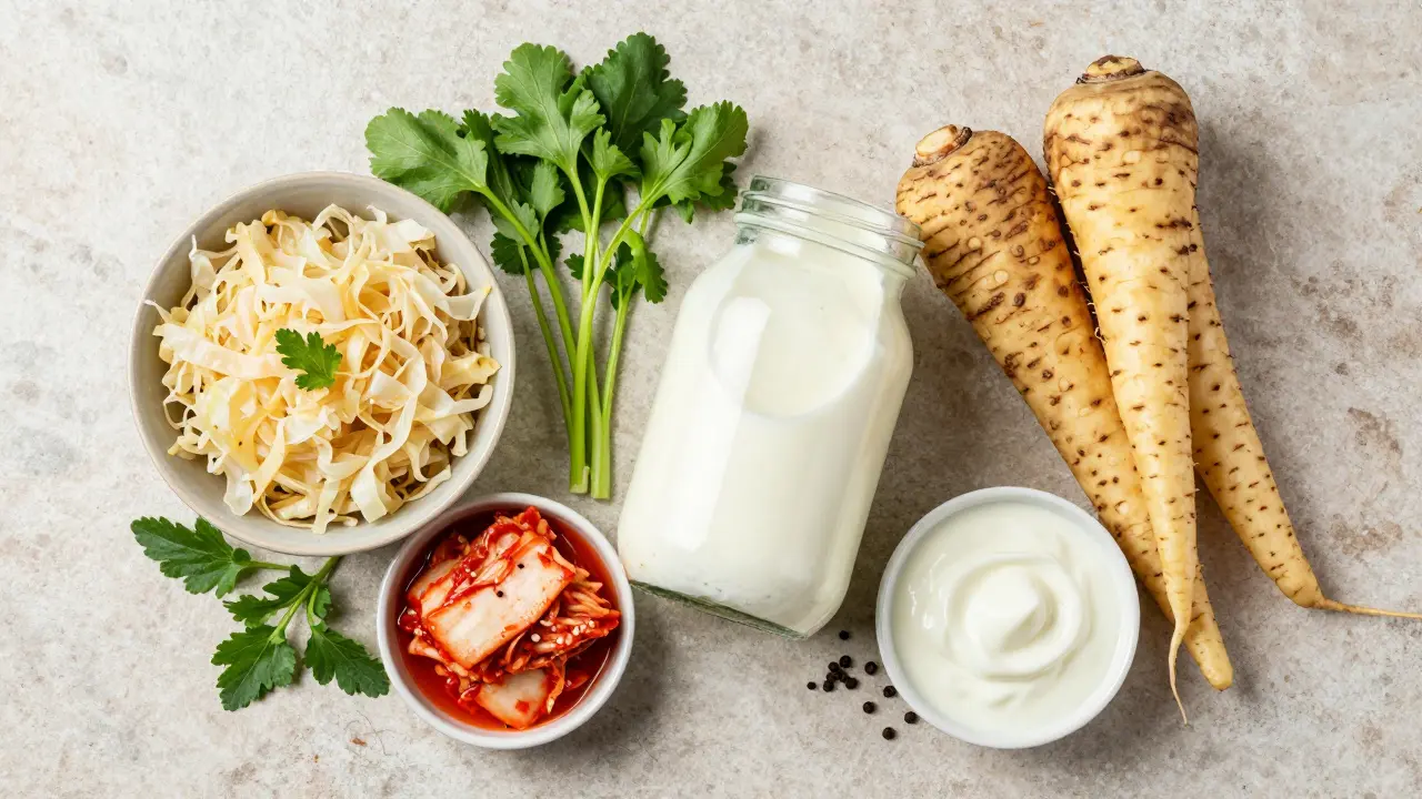 Fermentované potraviny jako kefír a zelí pro podporu trávení při léčbě.
