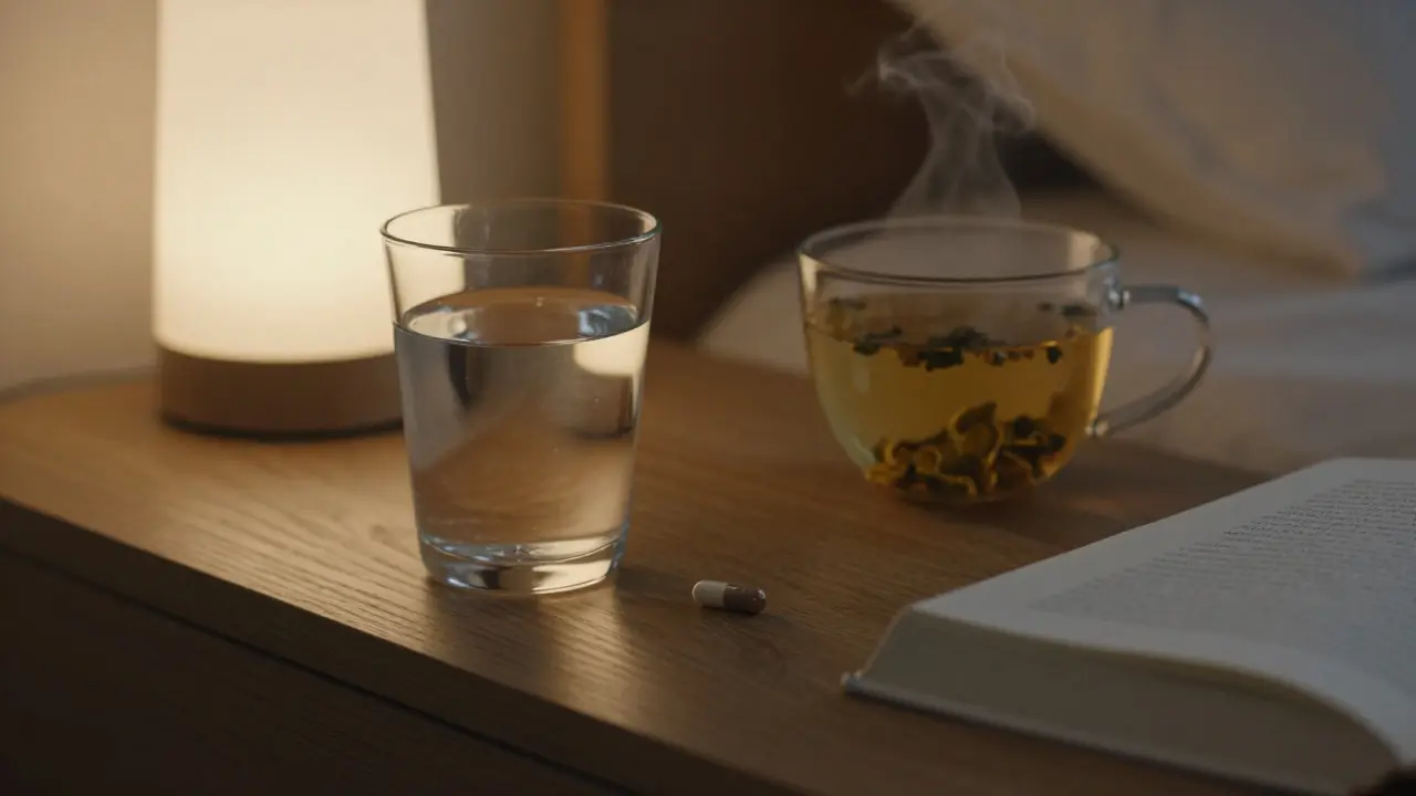 Kapsle Zodac a sklenice vody na nočním stolku