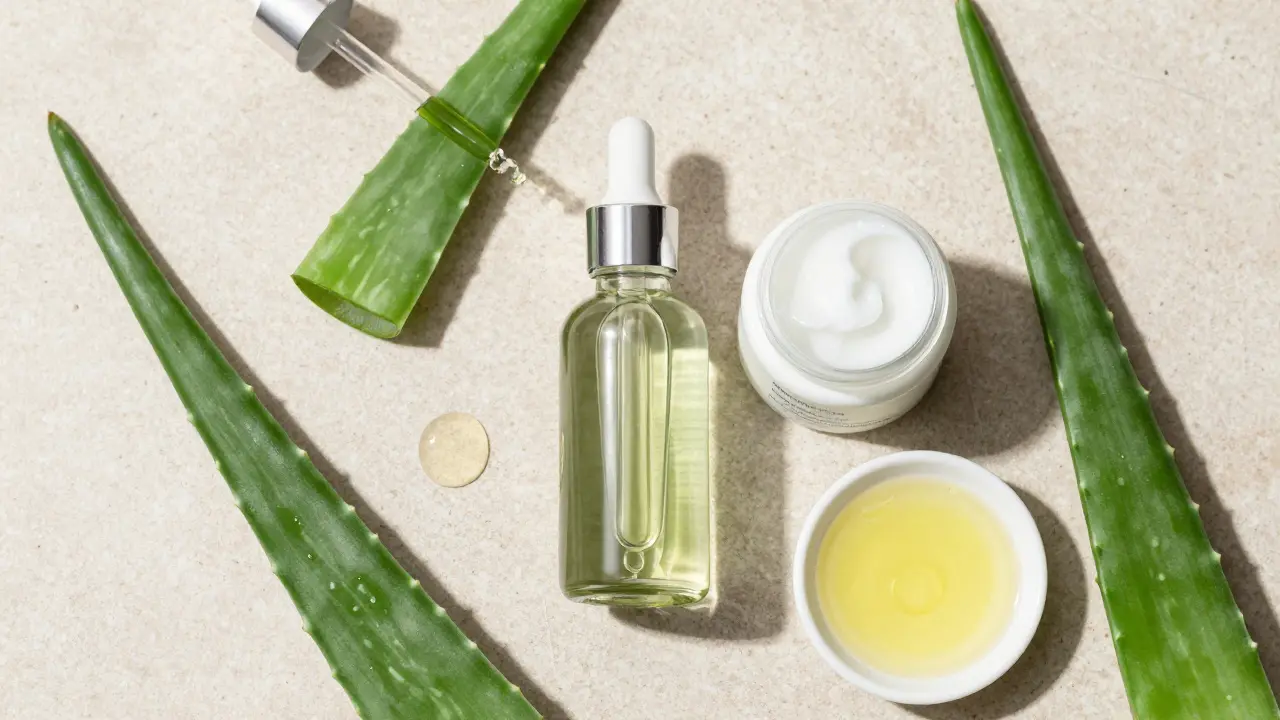 Kompozice přírodních ingrediencí jako aloe vera gel a jojobový olej pro péči o pleť