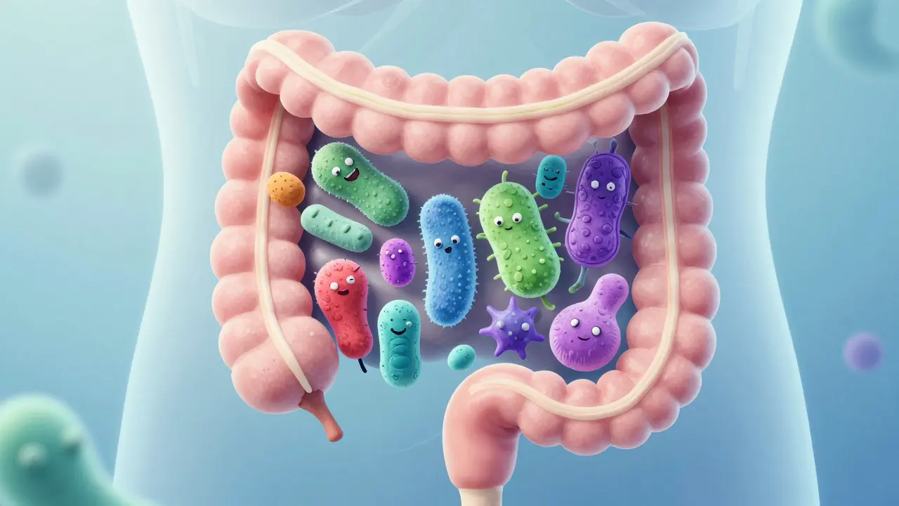 Konceptuální ilustrace zdravého střevního mikrobiomu
