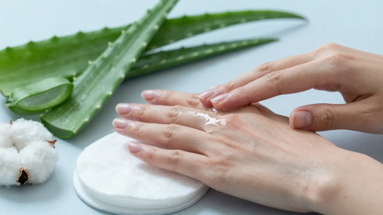 Nanášení uklidňujícího gelu na pleť s listy aloe vera