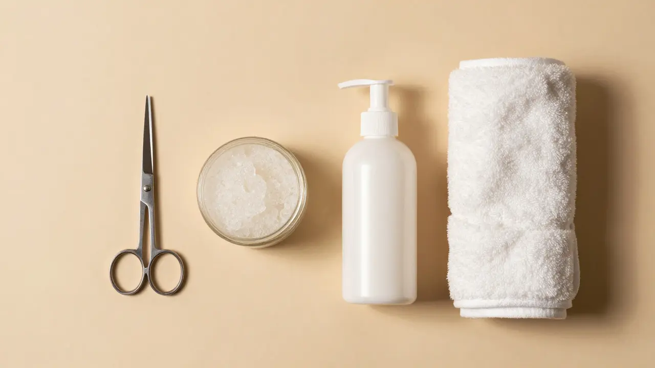 Přehled potřeb pro přípravu kůže: nůžky, peeling a krém