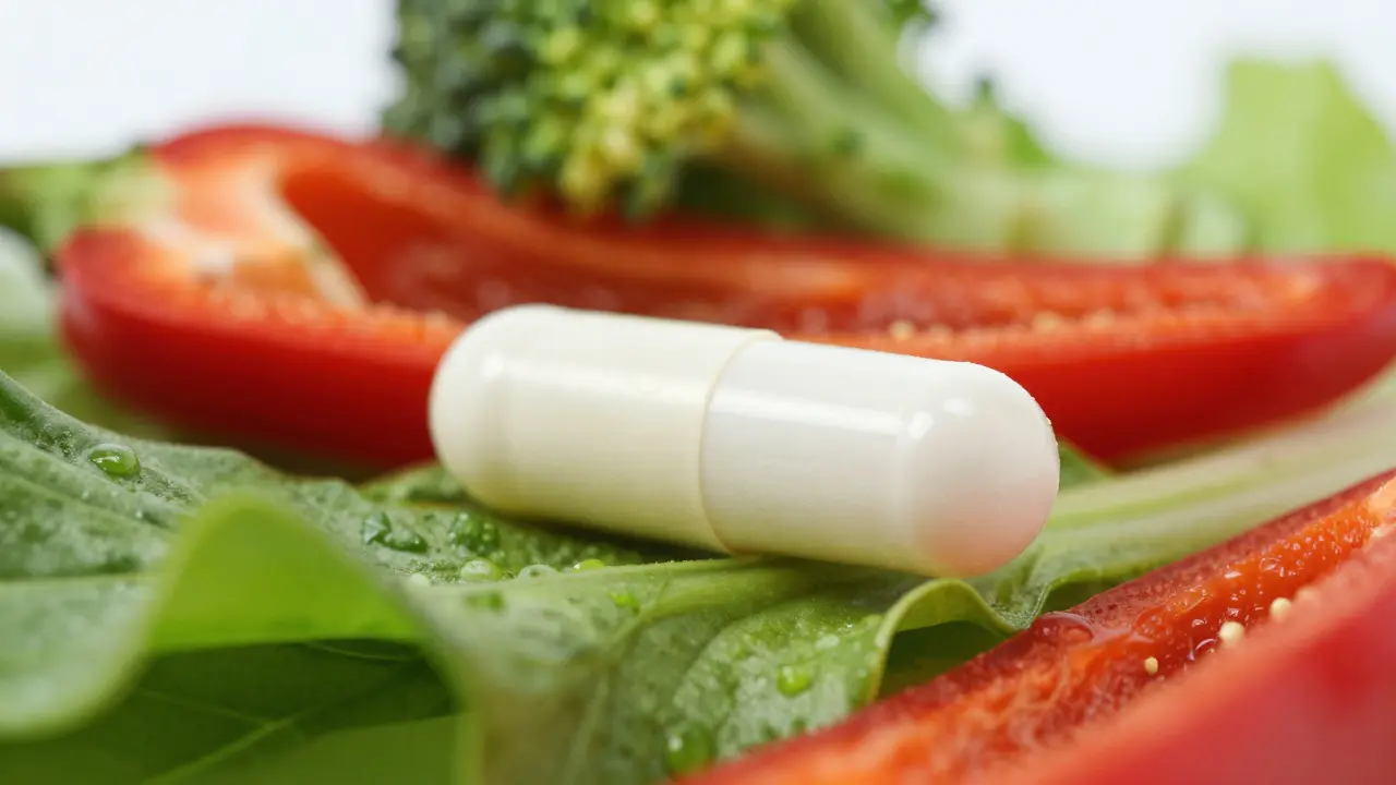 Bílá kapsle vitamínu C ležící na čerstvé zelenině jako paprice a brokolici