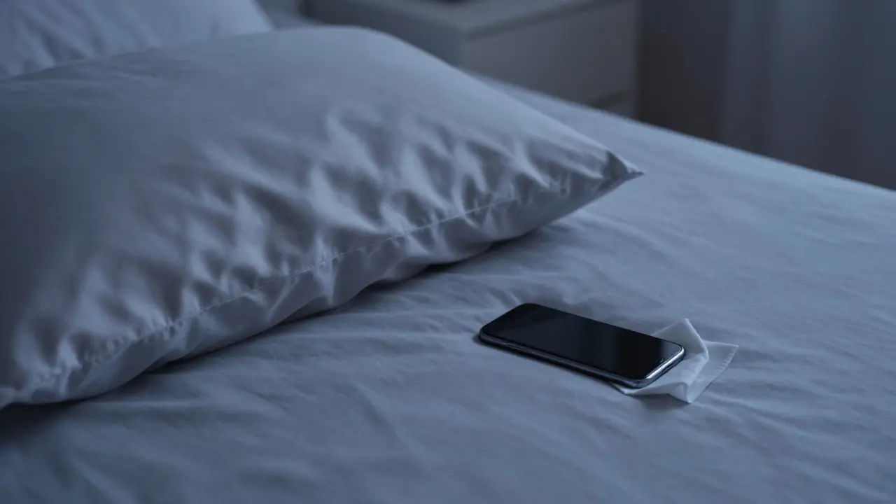 Čistý hedvábný polštář a otíraný mobilní telefon v ložnici