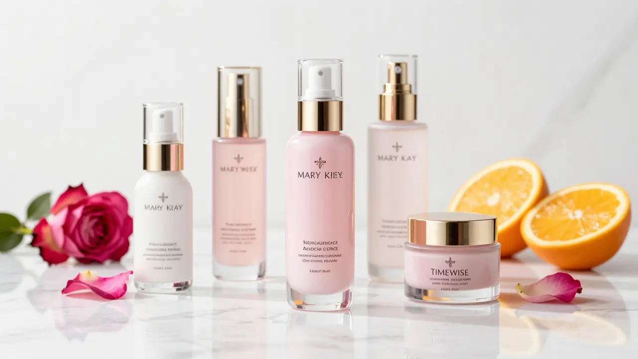 Elegantní produktová fotografie řady TimeWise s přírodními ingrediencemi na mramoru.