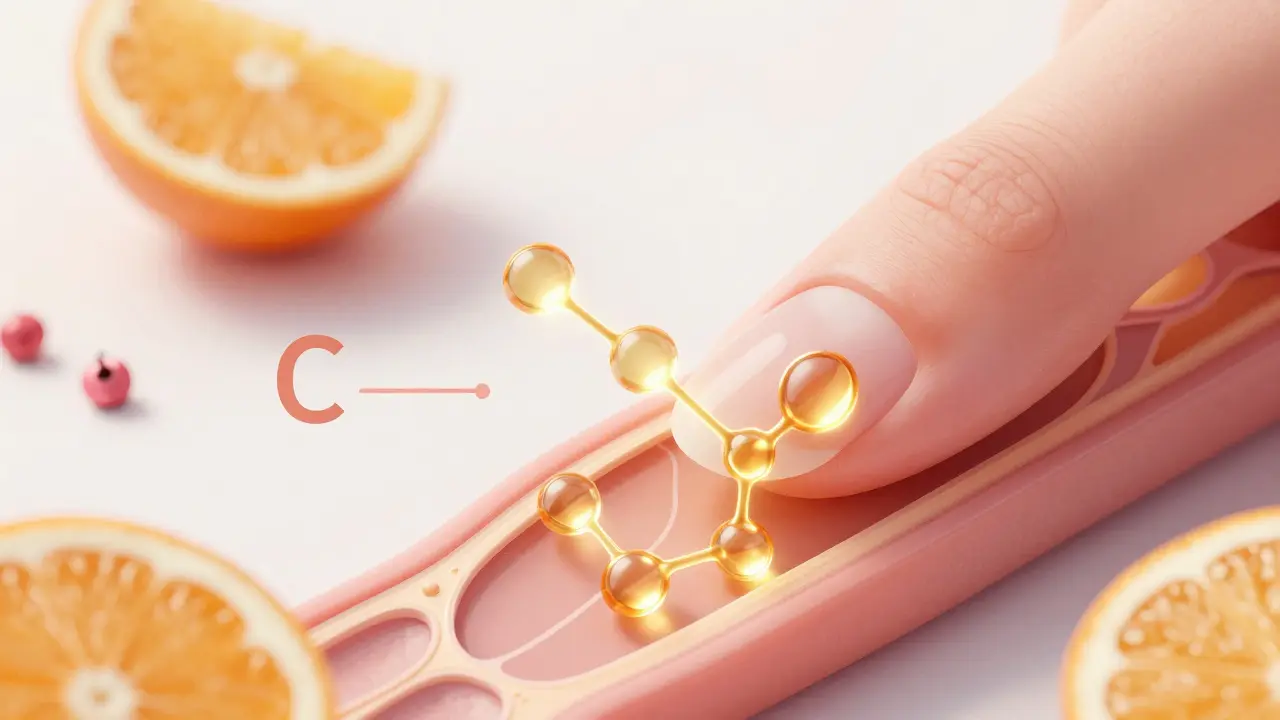 Ilustrace struktury nehtu posilované keratinem a vitamínem C z citrusů.