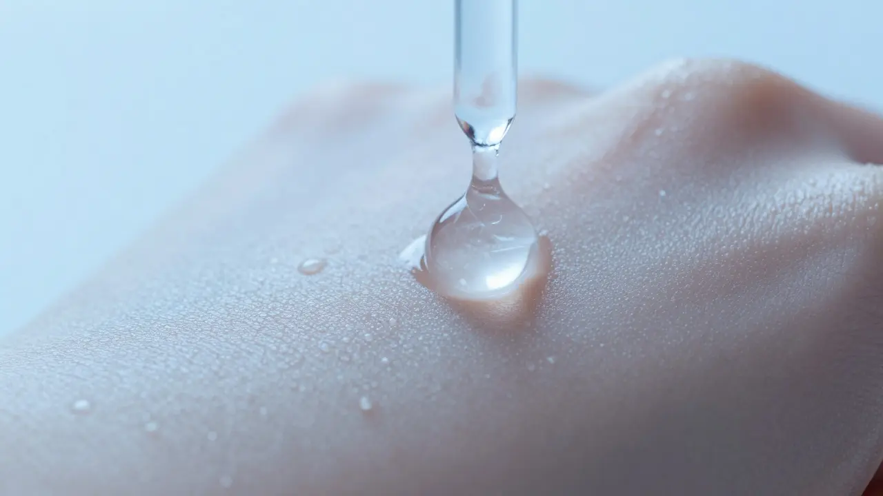 Kapka hyaluronové kyseliny na vlhké pleti ilustrující hydrataci