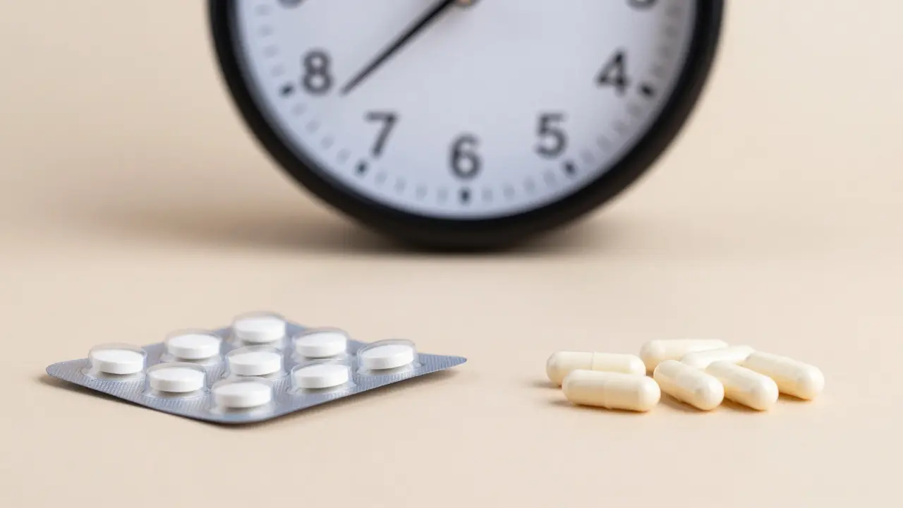 Konceptuální ilustrace časového rozestupu mezi užíváním antibiotik a probiotik
