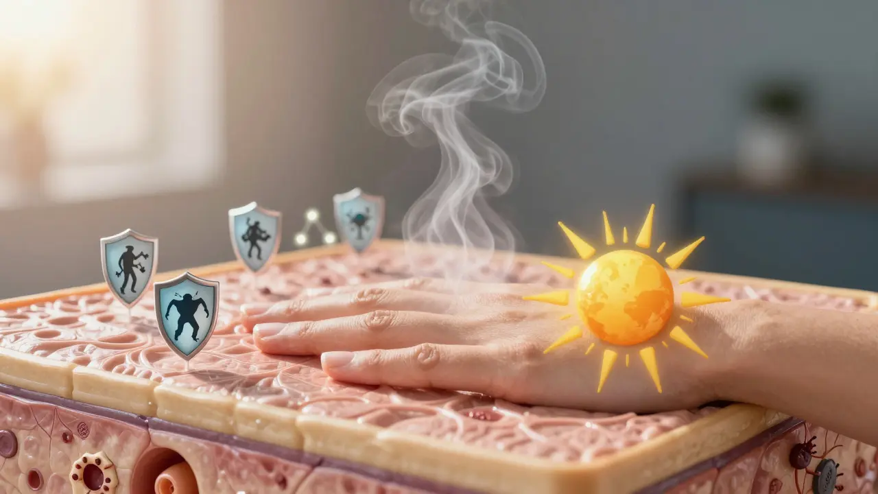Konceptuální ilustrace funkcí kůže: ochrana, termoregulace a smysly.