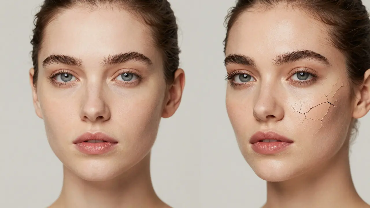 Porovnání pleti: správně aplikovaný make-up versus odlupující se vrstva