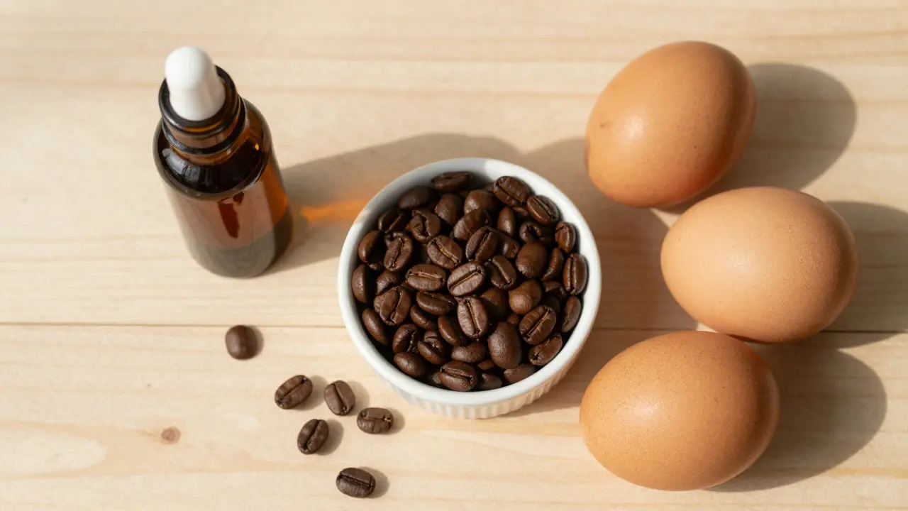 Přírodní ingredience pro péči o vlasy na dřevěném stole