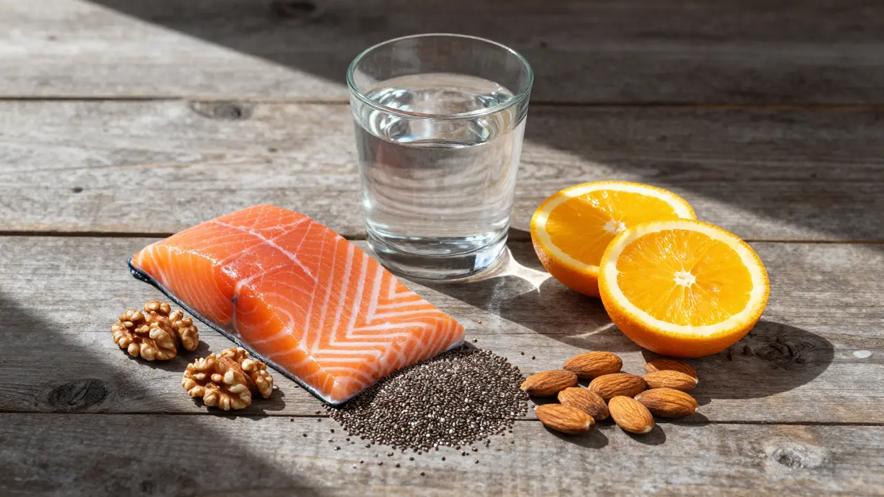 Salmon, ořechy a ovoce jako zdroje omega-3 a vitamínů pro pleť