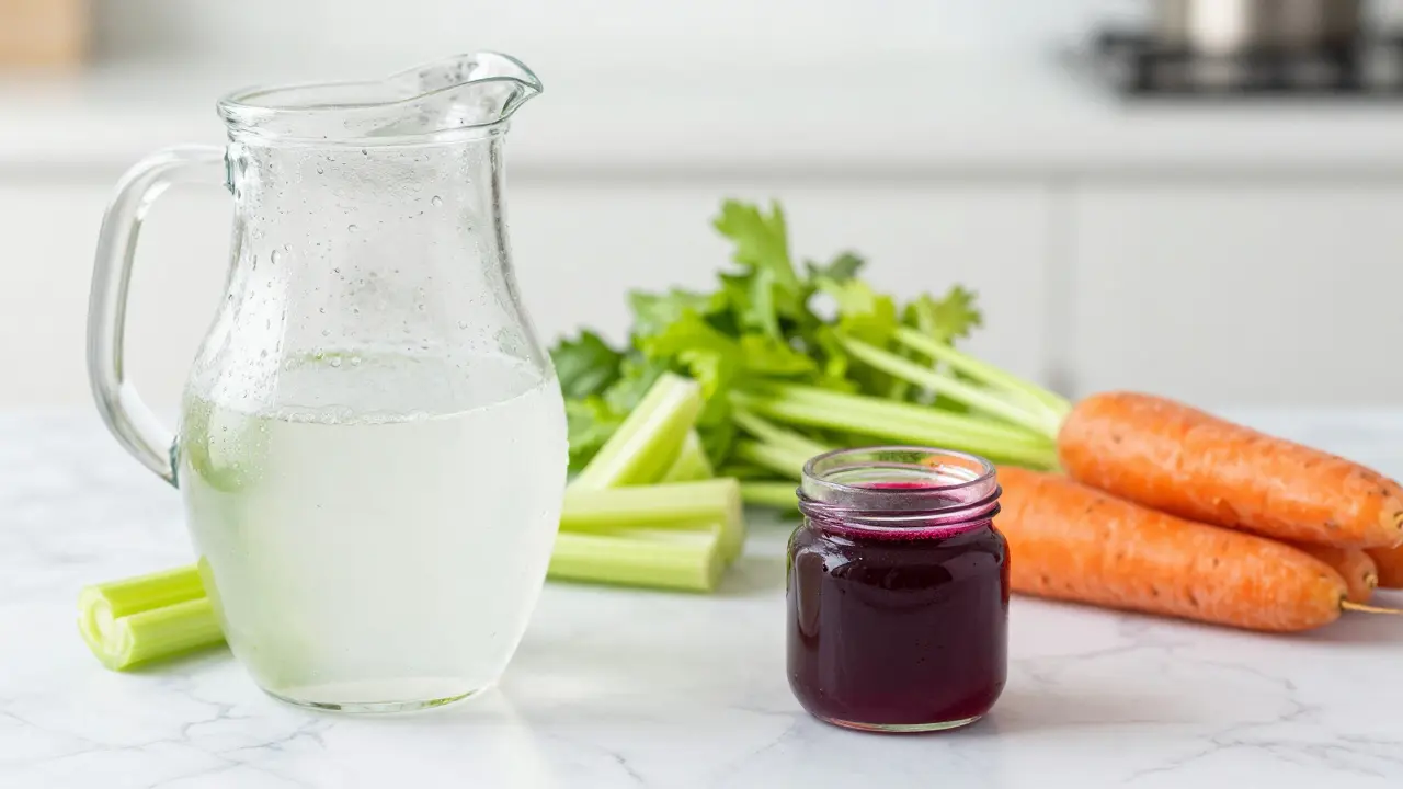 Sklenice kokosové vody, zelenina a řepný sirup na mramorovém stole