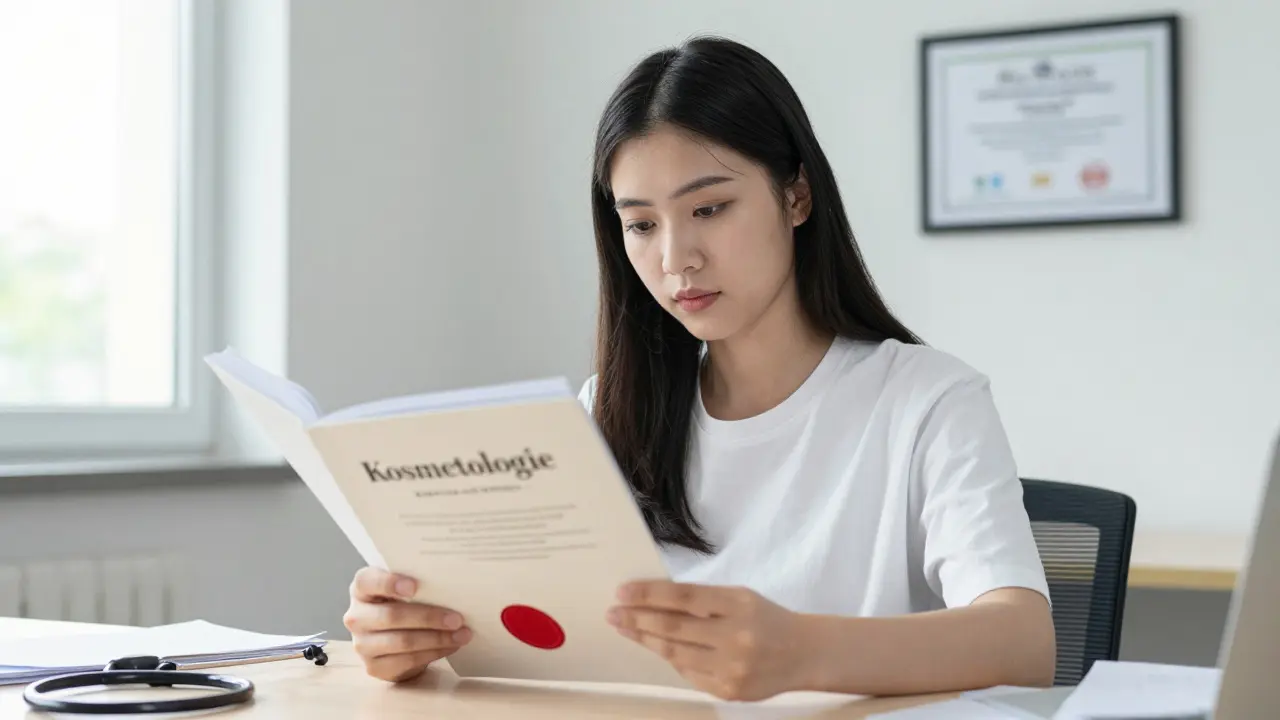 Studentka studující dokumenty k získání certifikace z kosmetologie