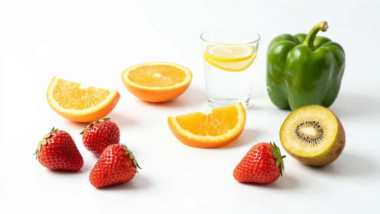 Čerstvé ovoce a zelenina bohaté na vitamín C na bílém pozadí