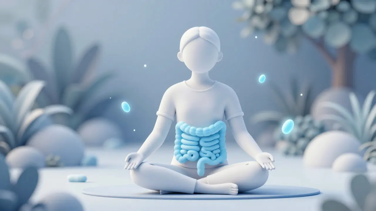 Člověk v meditaci obklopený zářivými částicemi představujícími prospěšné bakterie
