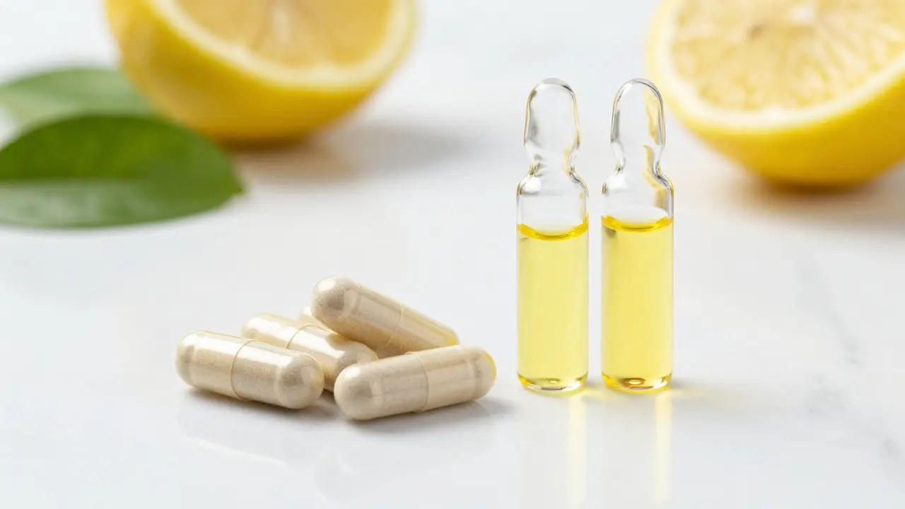 Kapsle B-komplexu a žlutá tekutina reprezentující riboflavin