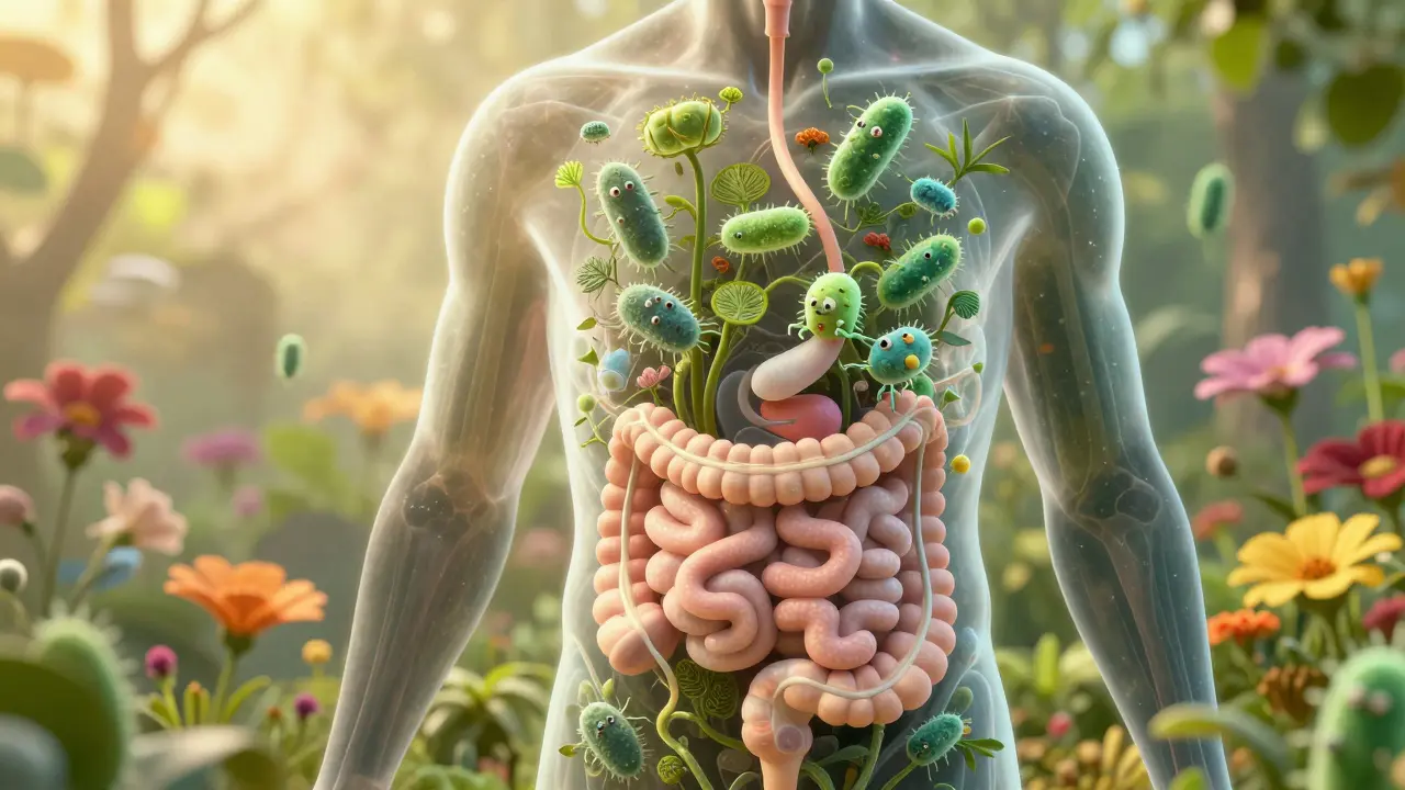 Konceptuální ilustrace střevního mikrobiomu jako kvetoucí zahrady