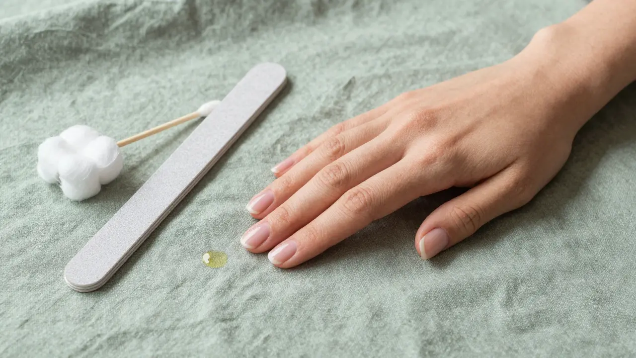 Mano con uñas naturales sanas junto a lima y algodón