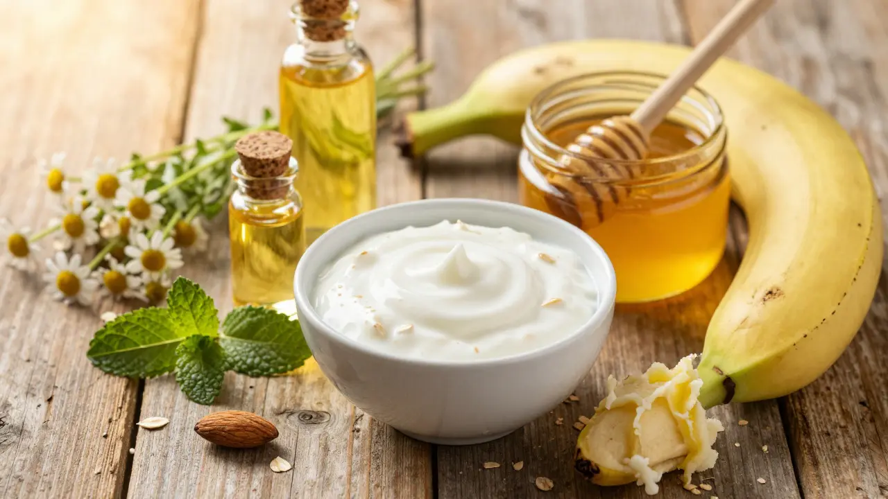 Přírodní ingredience jako med, oves a oleje na dřevěném stole