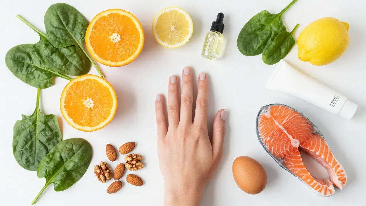 Zdravá jídla bohatá na vitamíny pro nehty a olej na kutikuly