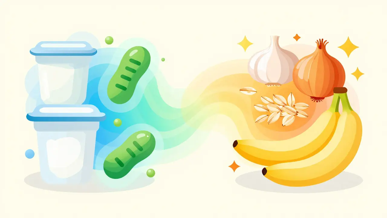 Abstraktní ilustrace kombinace probiotik a prebiotik pro zdraví střev