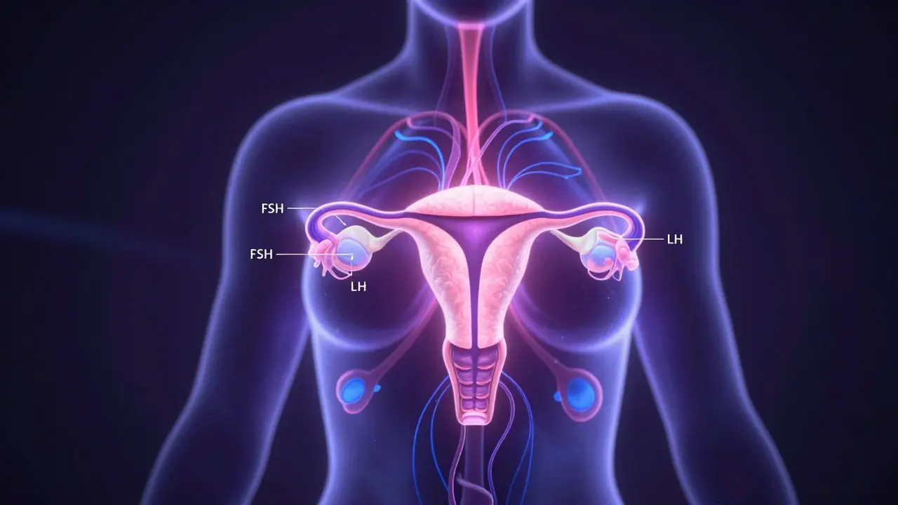 Abstraktní ilustrace probuzení hormonální osy v těle ženy