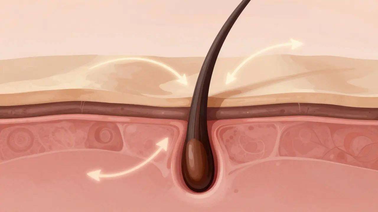 Ilustrace cyklu růstu chloupků uvnitř kůže s viditelným folikulem