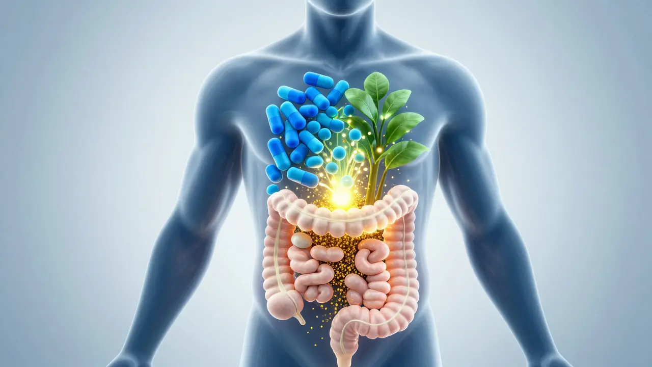 Konceptuální umění zobrazující synergii probiotik a prebiotik v těle