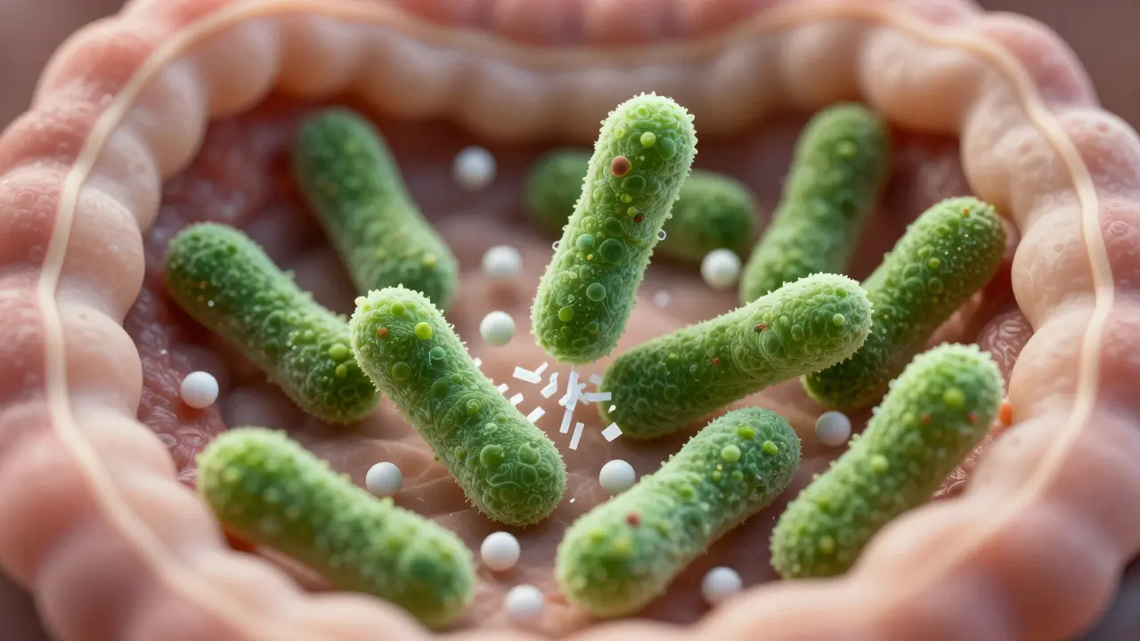 Makro záběr laktobacylů bojujících proti antibiotikům ve střevech